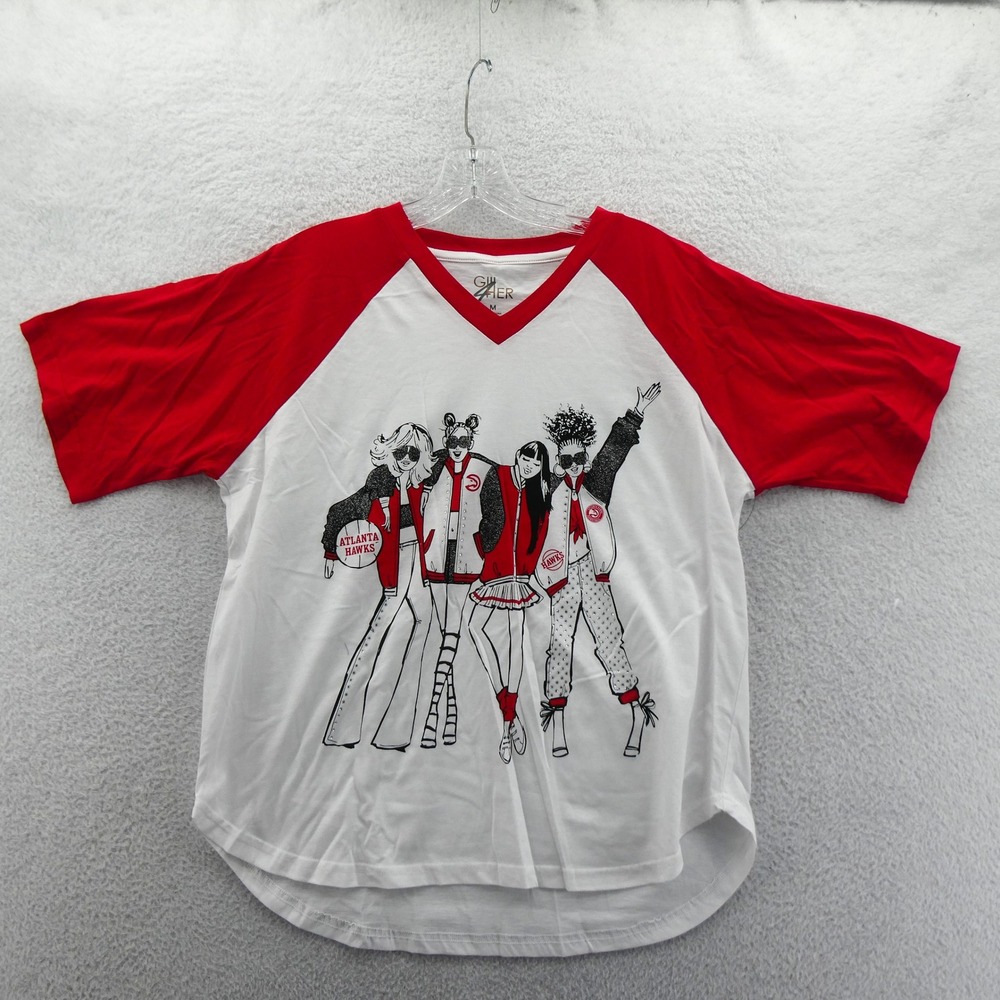 G-III 4Her Shirt Women Medium Atlanta Hawks White Red Raglan V-Neck‎ Rhinestone